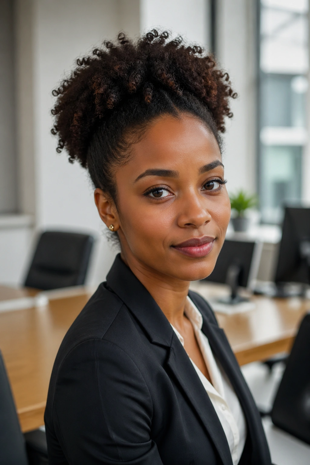 Close-up of a real person with natural curly hair in a polished office look