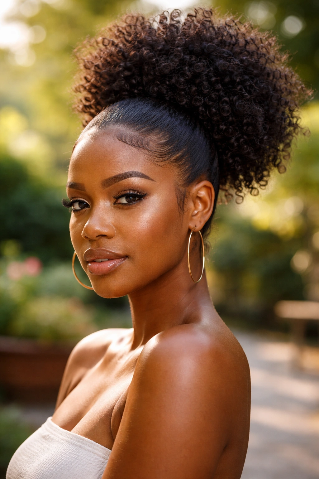 Close-up portrait of a Black woman with a high puff natural hair ponytail in a sunlit outdoor setting