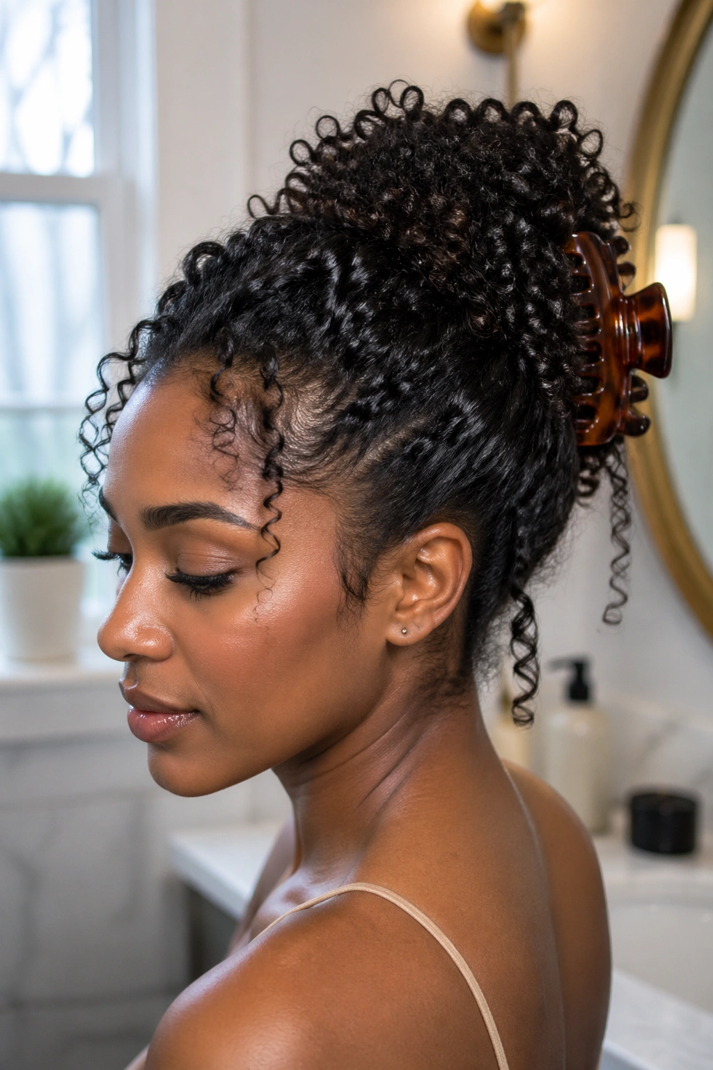 Close-up of moisturized, defined natural curls ready for a claw clip prep