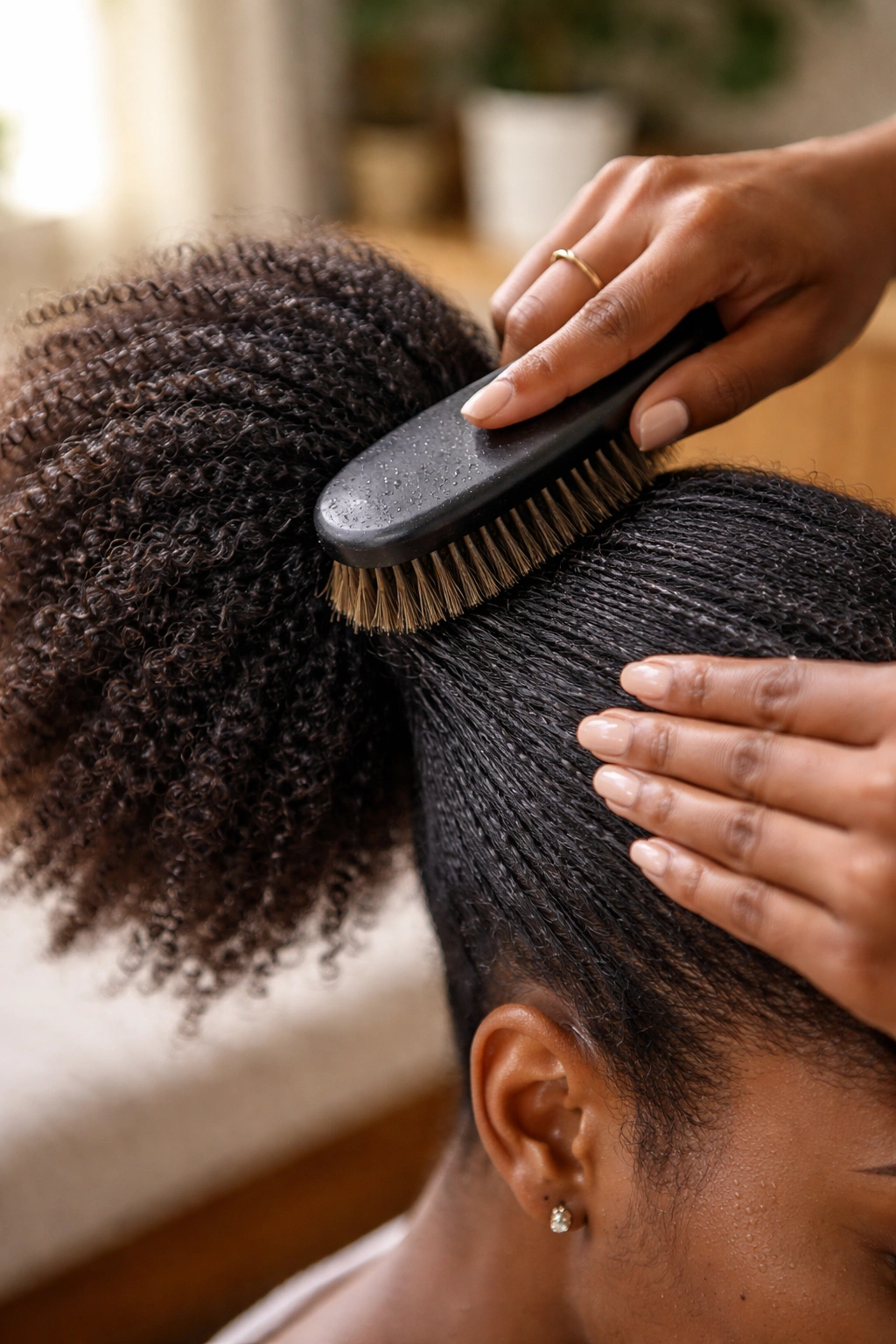 Close-up of hands detangling 4C natural hair with a boar bristle brush showing moisture and definition