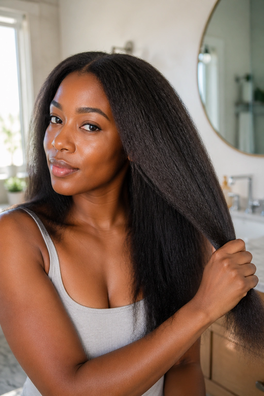 Close-up of a real person with stretched natural hair ready for wand curling