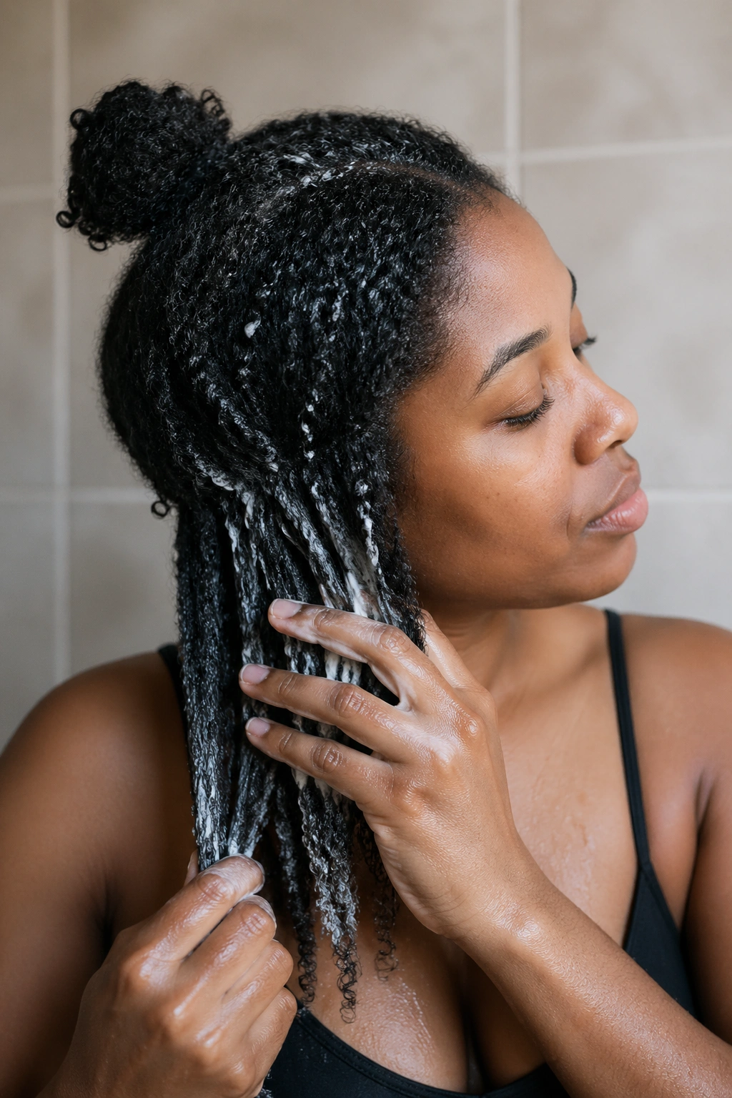 Close-up of natural hair prepped for knotless braids during wash and detangle