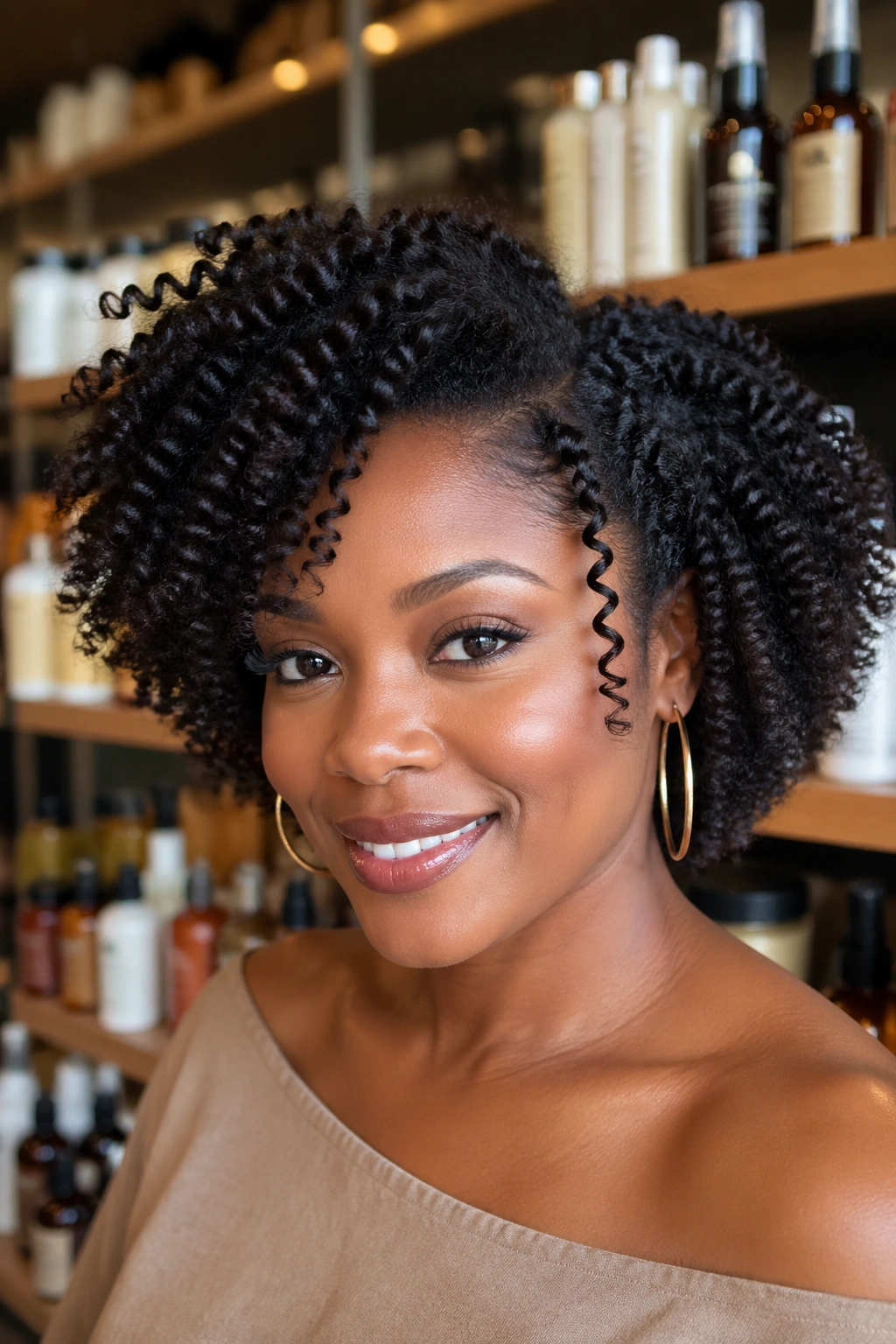 Close-up of a Black woman with glossy natural curls, with blurred shelves of hair care products in the background