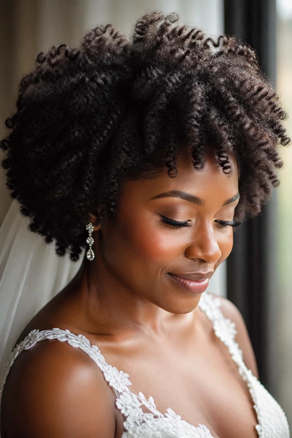 Bride with natural afro hairstyle showing defined curls and shine.