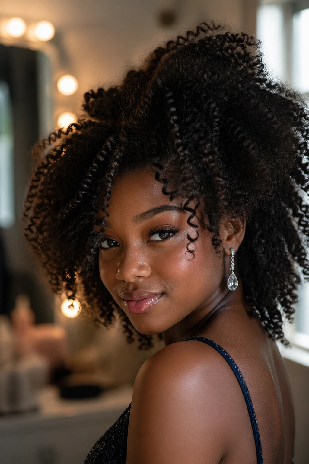 Close-up portrait of a person with natural hair in warm dressing-room lighting.