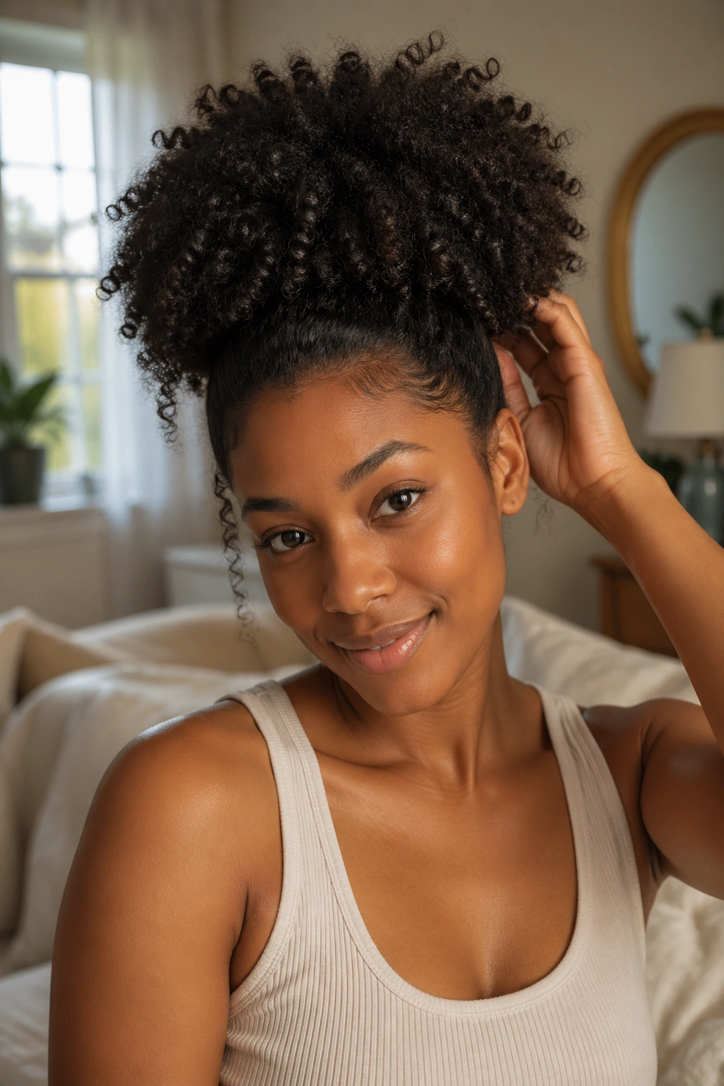 Close-up of a real person with natural curls demonstrating a quick style in a cozy bedroom