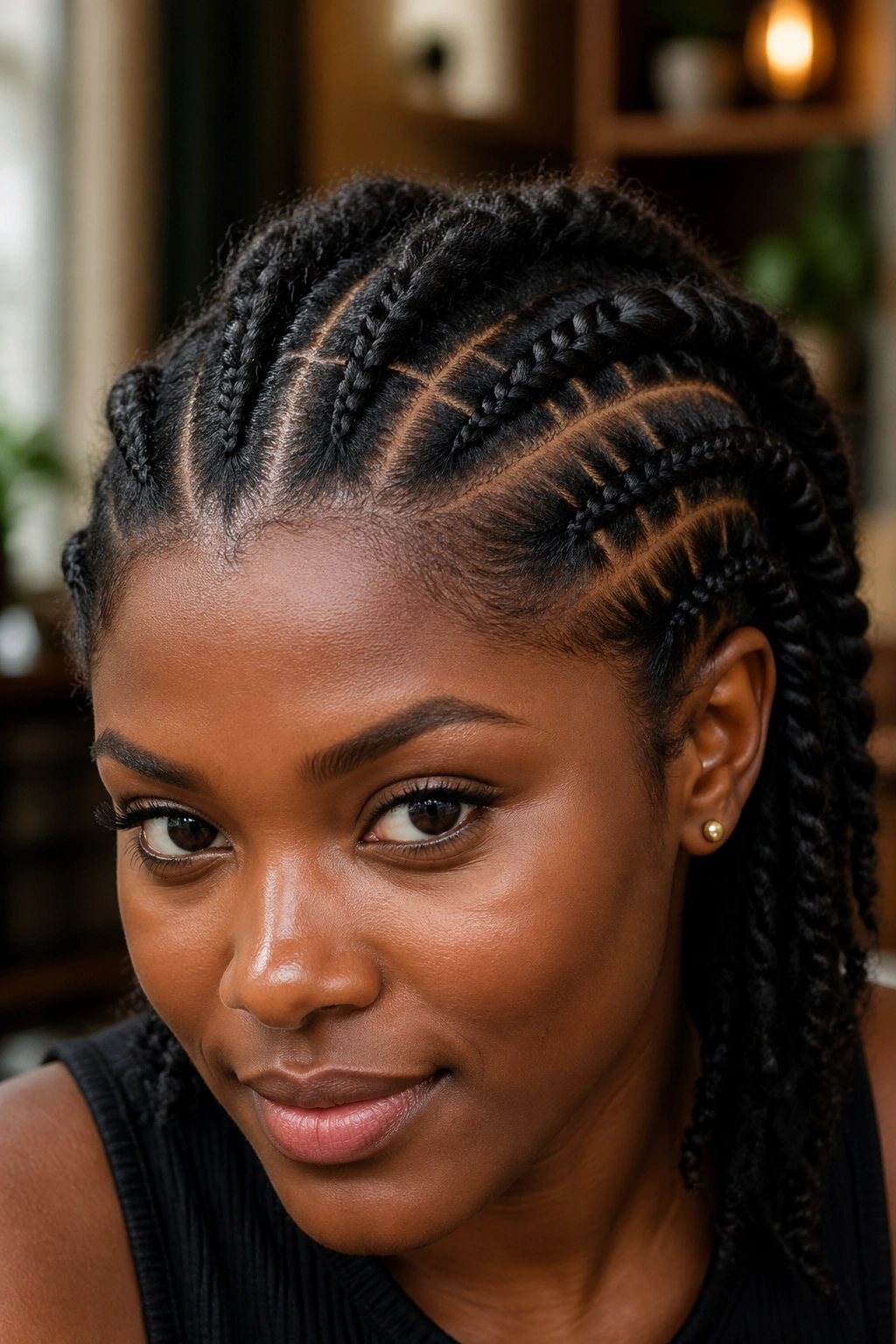 Close-up of natural curly hair with stitch cornrows and texture between stitches.