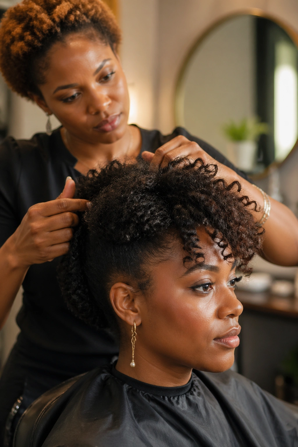 Portrait of a woman in a salon chair while a stylist works on her natural hair