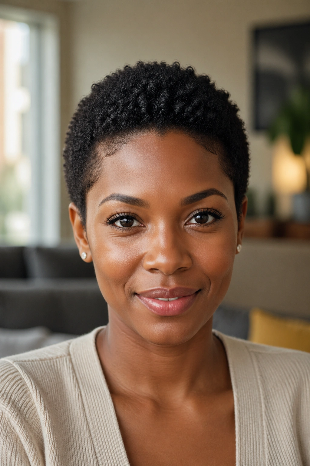Close-up portrait of a woman with a tight natural TWA and crisp edge work