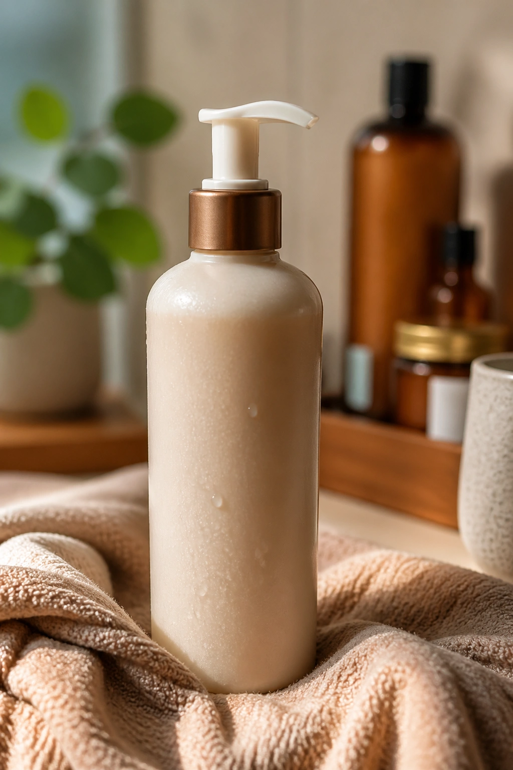 Close-up of a generic hair product bottle used for natural hair updos