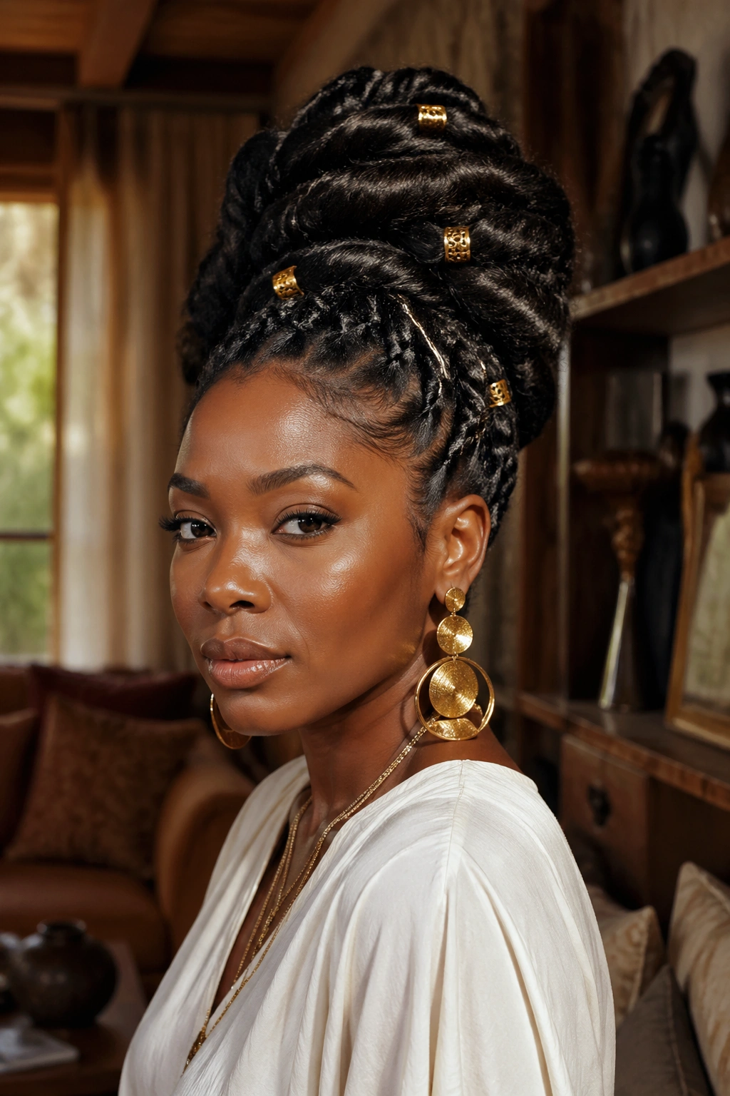 Close-up portrait of a real Black woman with an elaborate natural hair updo, symbolizing history and power