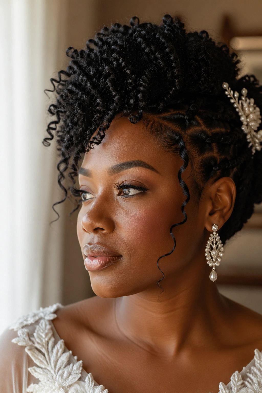 Close-up portrait of a real woman with natural curly wedding hair