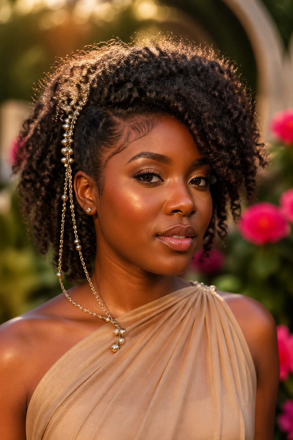Close-up of a Black woman with a beaded hair chain accenting natural curls during golden hour