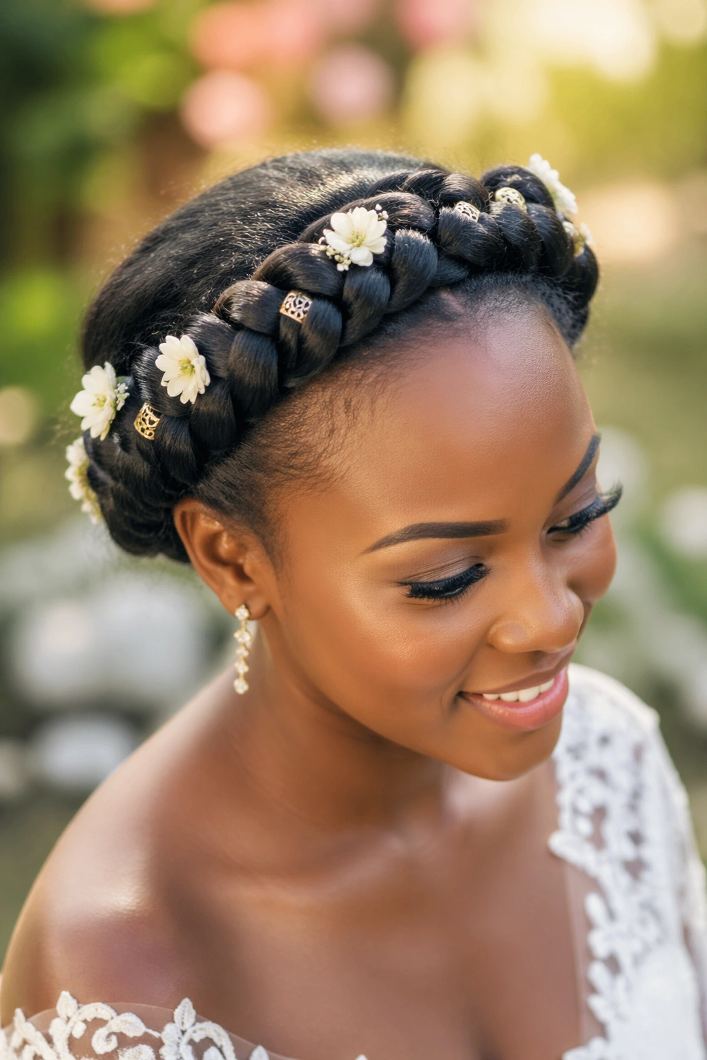 Close-up of a real person wearing a halo braid crown with floral accents.