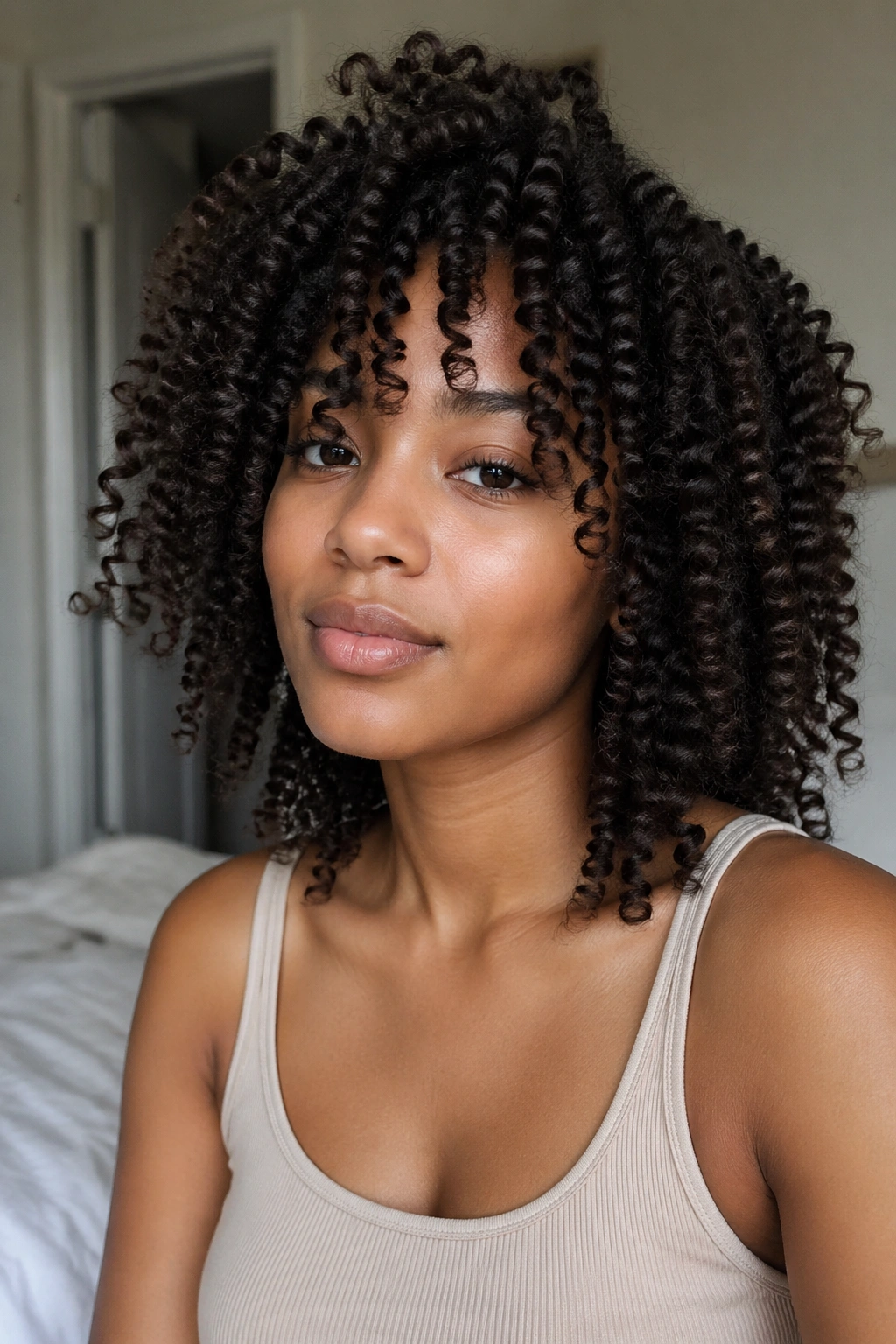 Close-up of natural-looking defined straw curls on a real person