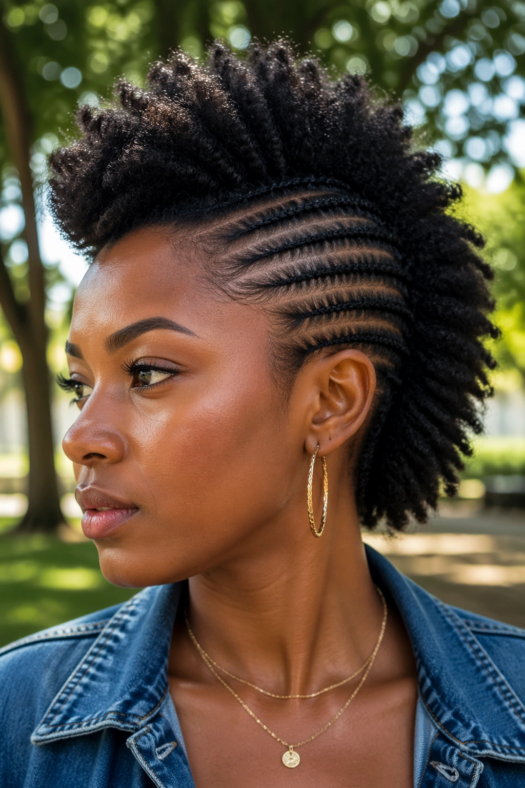 Close-up portrait of a real person with natural mohawk and braided sides outdoors