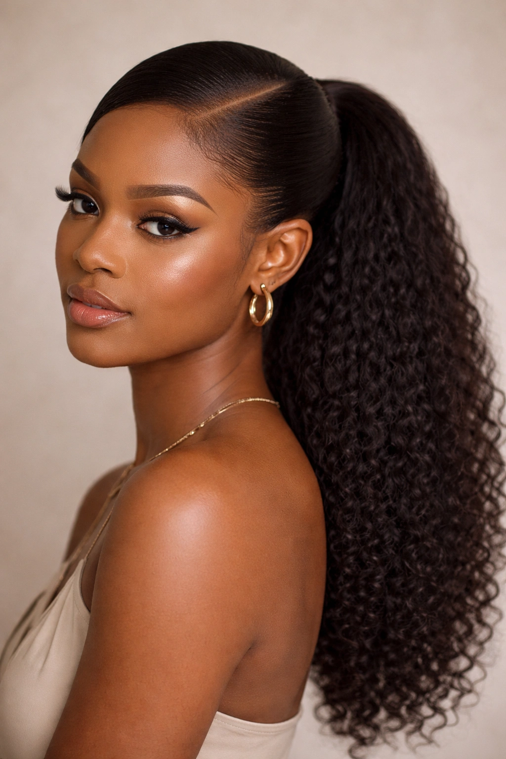 Close-up of a Black woman with a sleek ponytail featuring smooth pressed roots and textured length