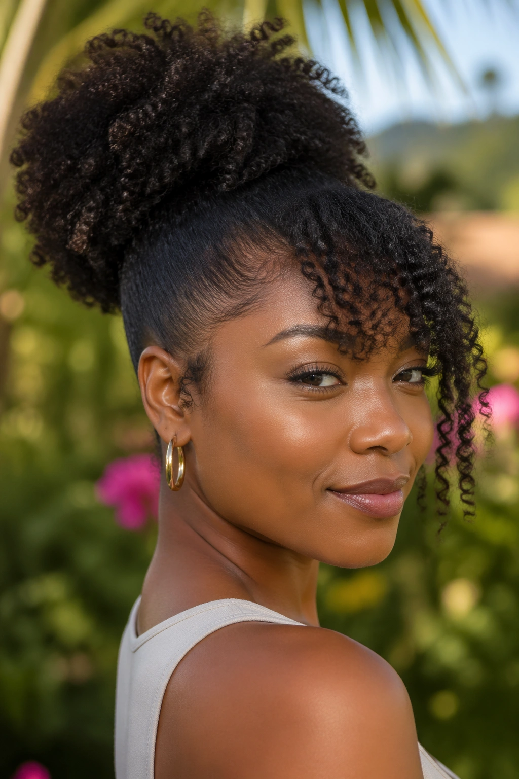 Close-up of a real Black woman with a natural puff ponytail and coily side bang in a sunlit garden.