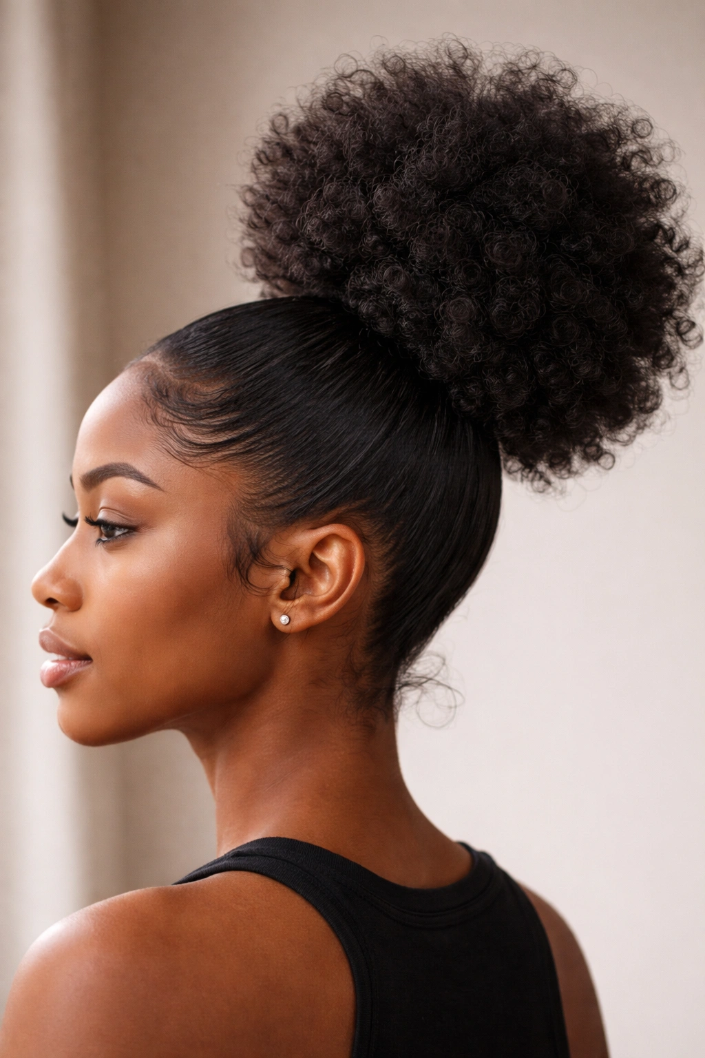 Natural puff ponytail at crown with voluminous rounded shape