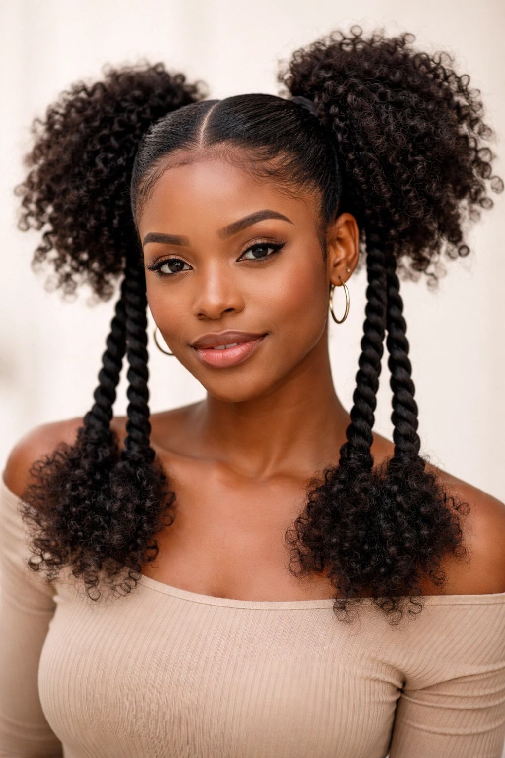 Natural puff-twist double ponytails with fluffy ends and visible texture