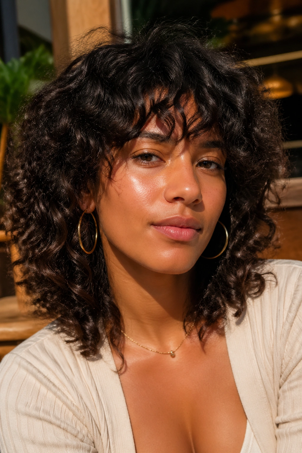 Real person with natural shag at medium length curls