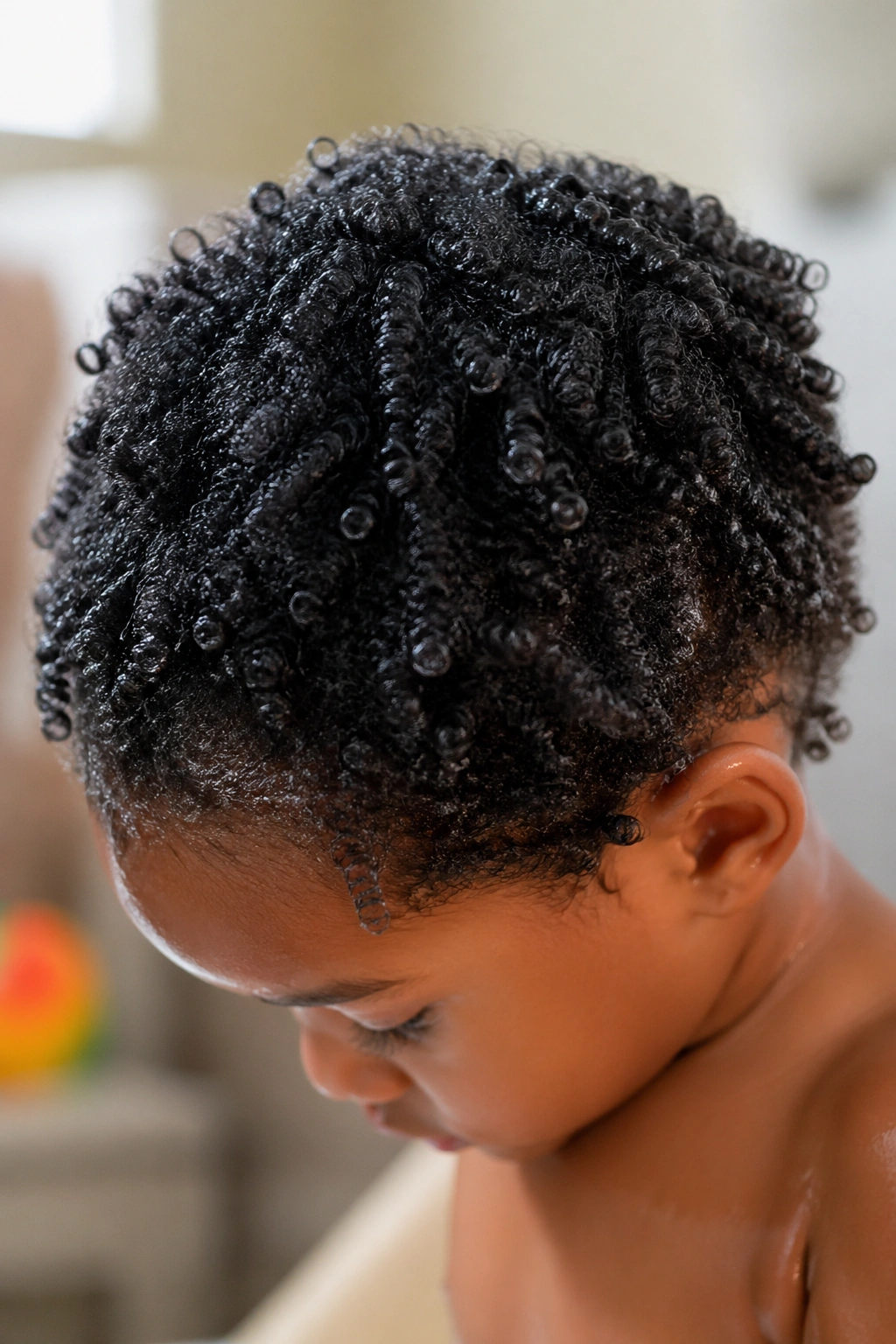 Close-up of a young child's coily hair showing natural shrinkage