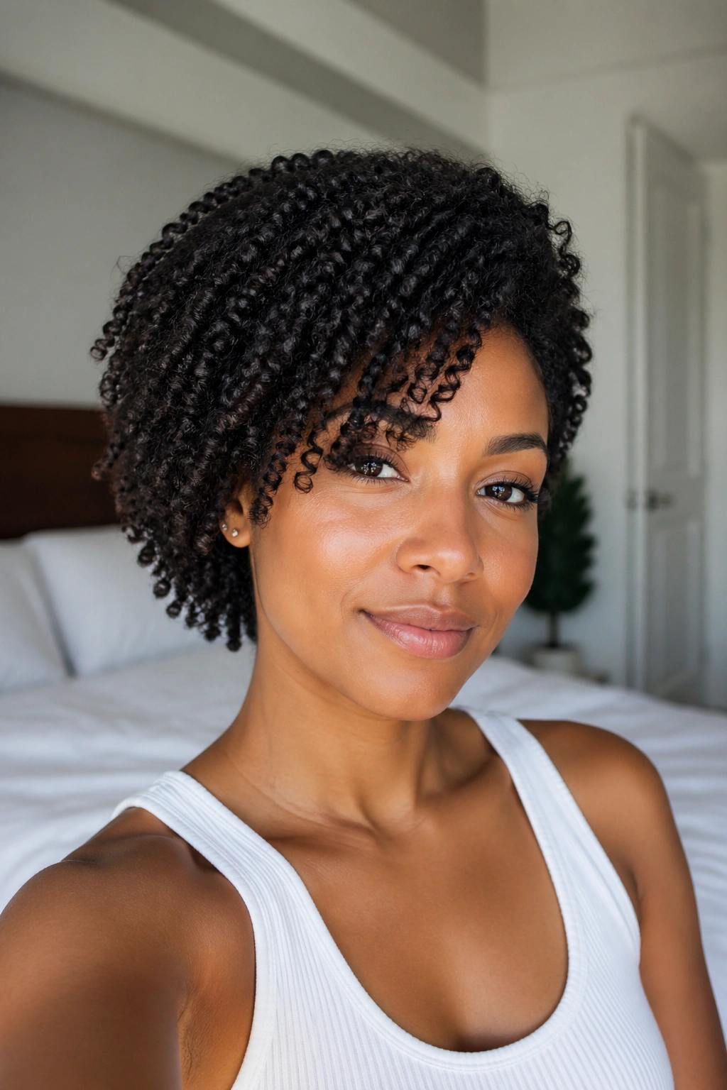 Close-up of a real person with a natural side bang