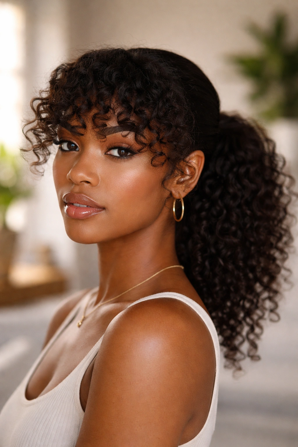 Close-up of a real Black woman with natural-texture low ponytail and curly bangs