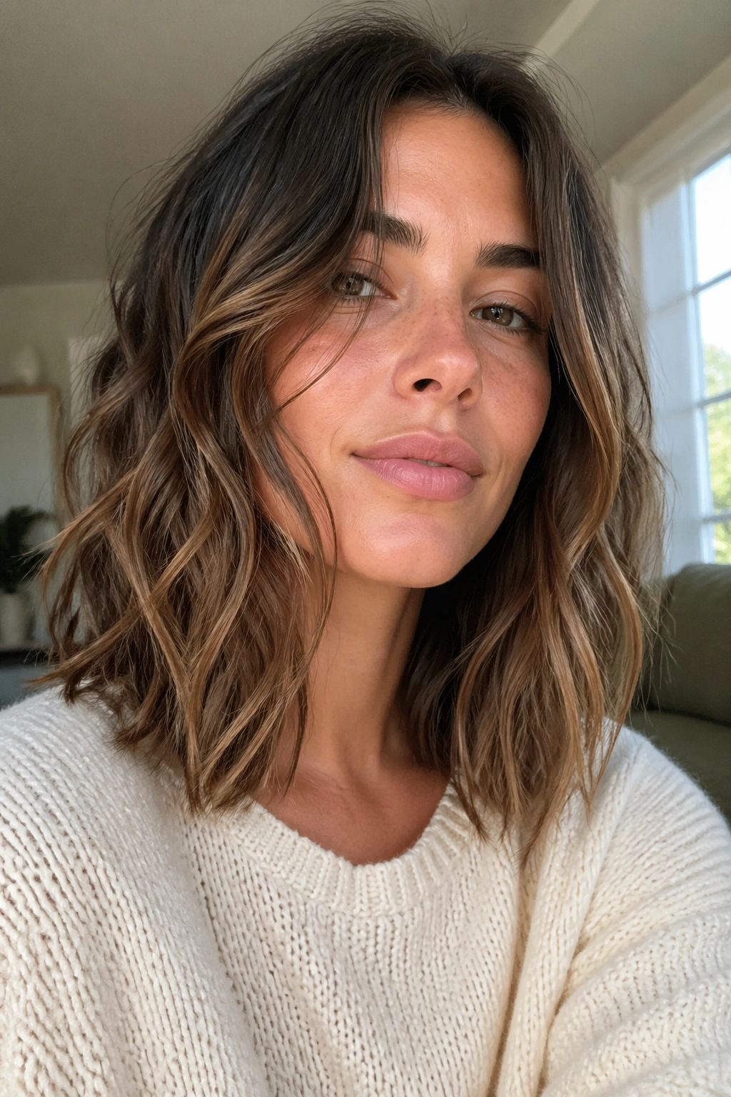 Close-up of a real woman with natural waves and minimal styling on a lob