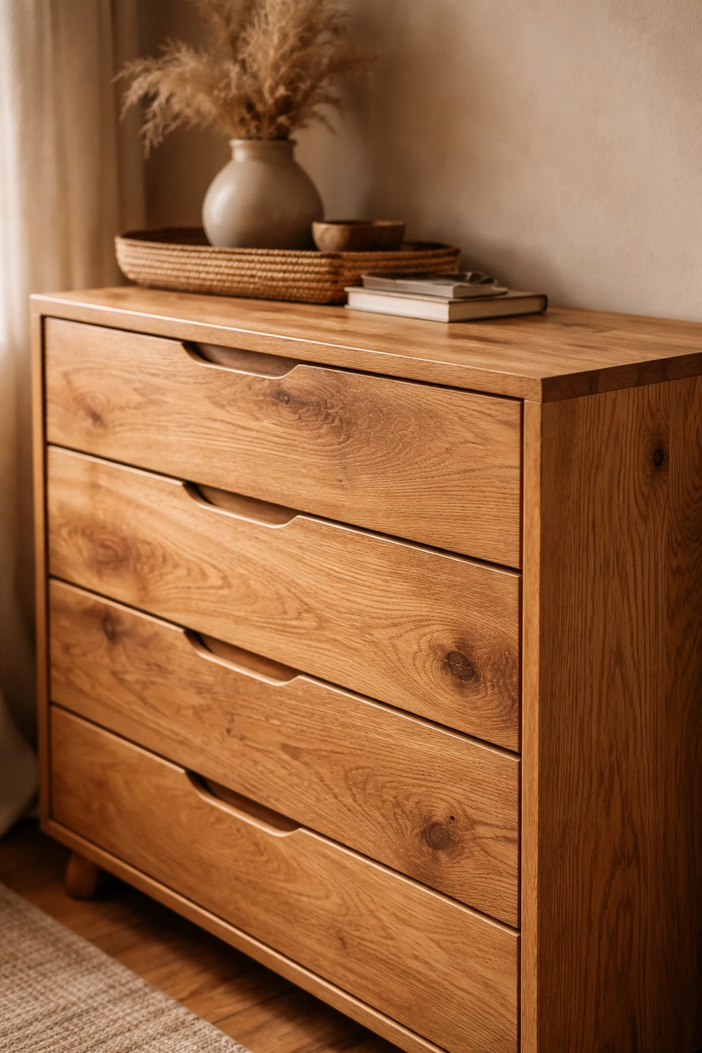 Close-up of natural wood dresser with oil finish in a softly lit Afro Boho bedroom
