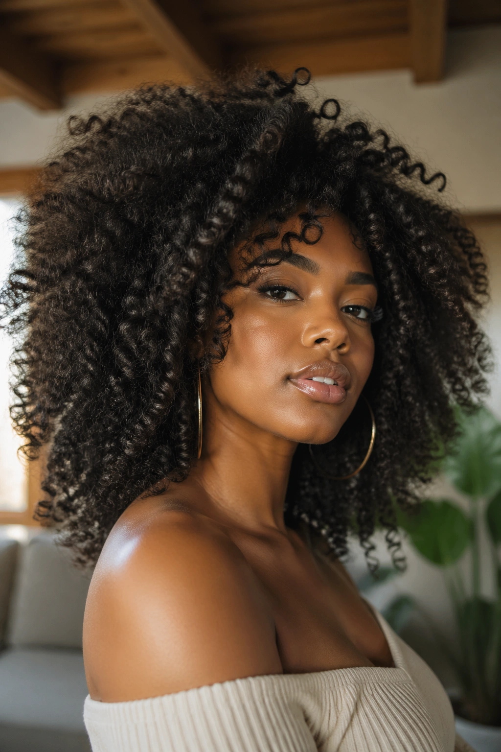Close-up portrait of a Black woman with natural hair in a warm home setting, celebrating deep roots of natural styling.