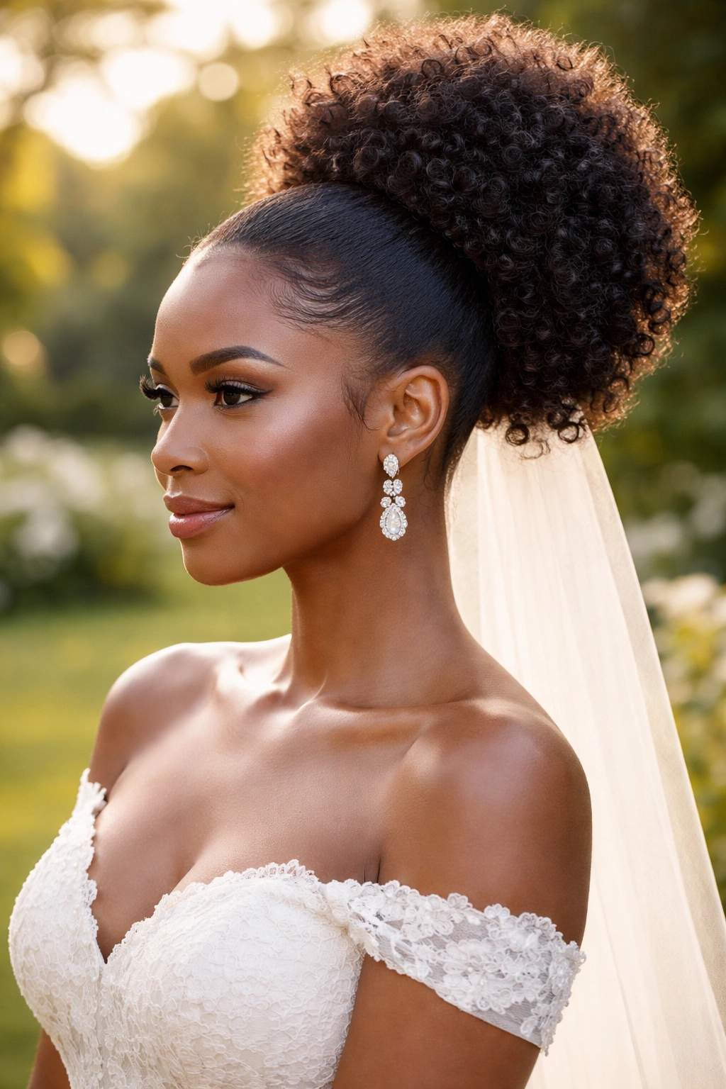 Bride with natural-texture high puff ponytail in garden lighting.