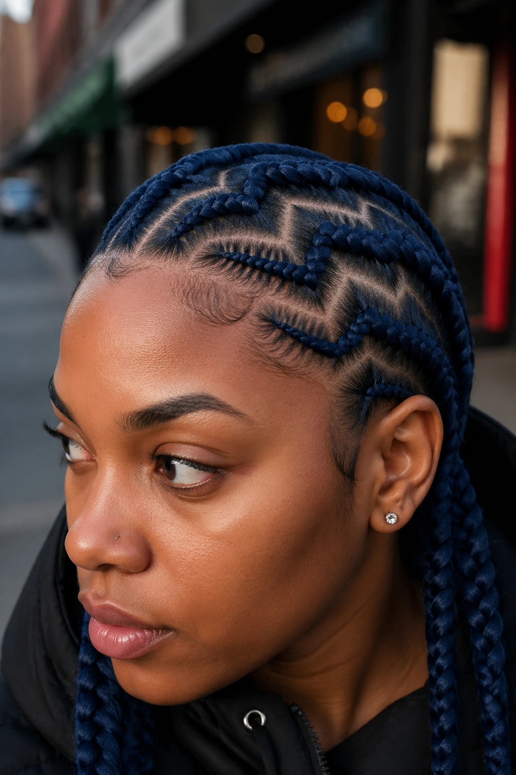 Real person with navy blue zig-zag cornrows in an urban outdoor setting