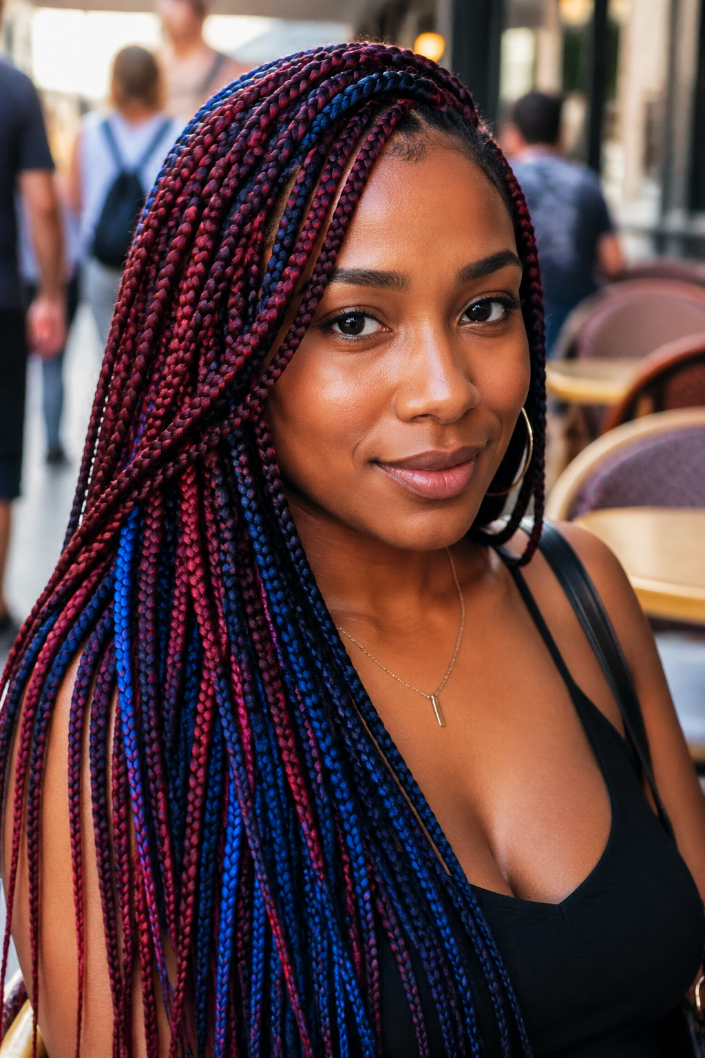Close-up of a real person with mixed navy cobalt burgundy cherry box braids