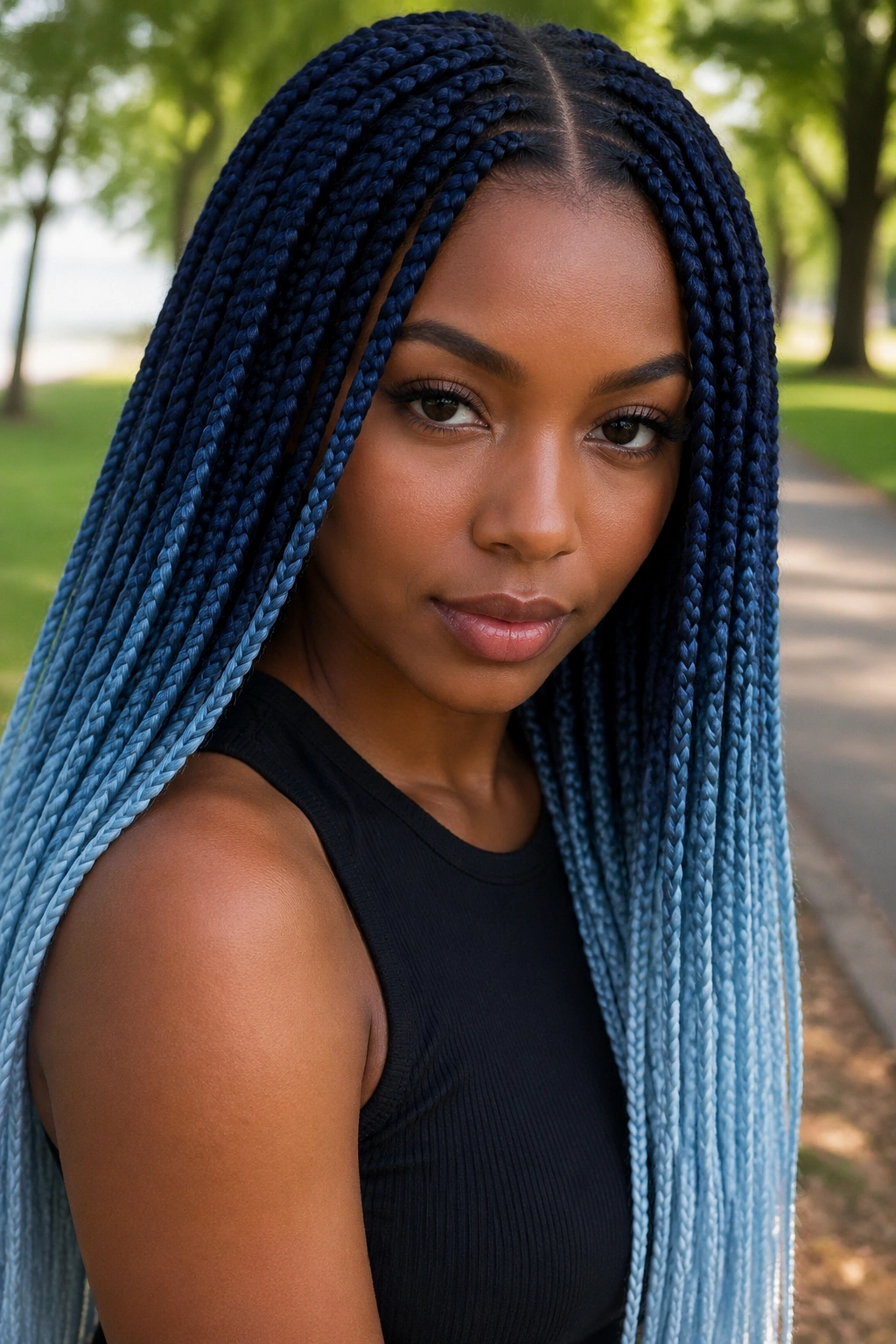 Close-up of navy to icy blue ombré box braids on a real person.
