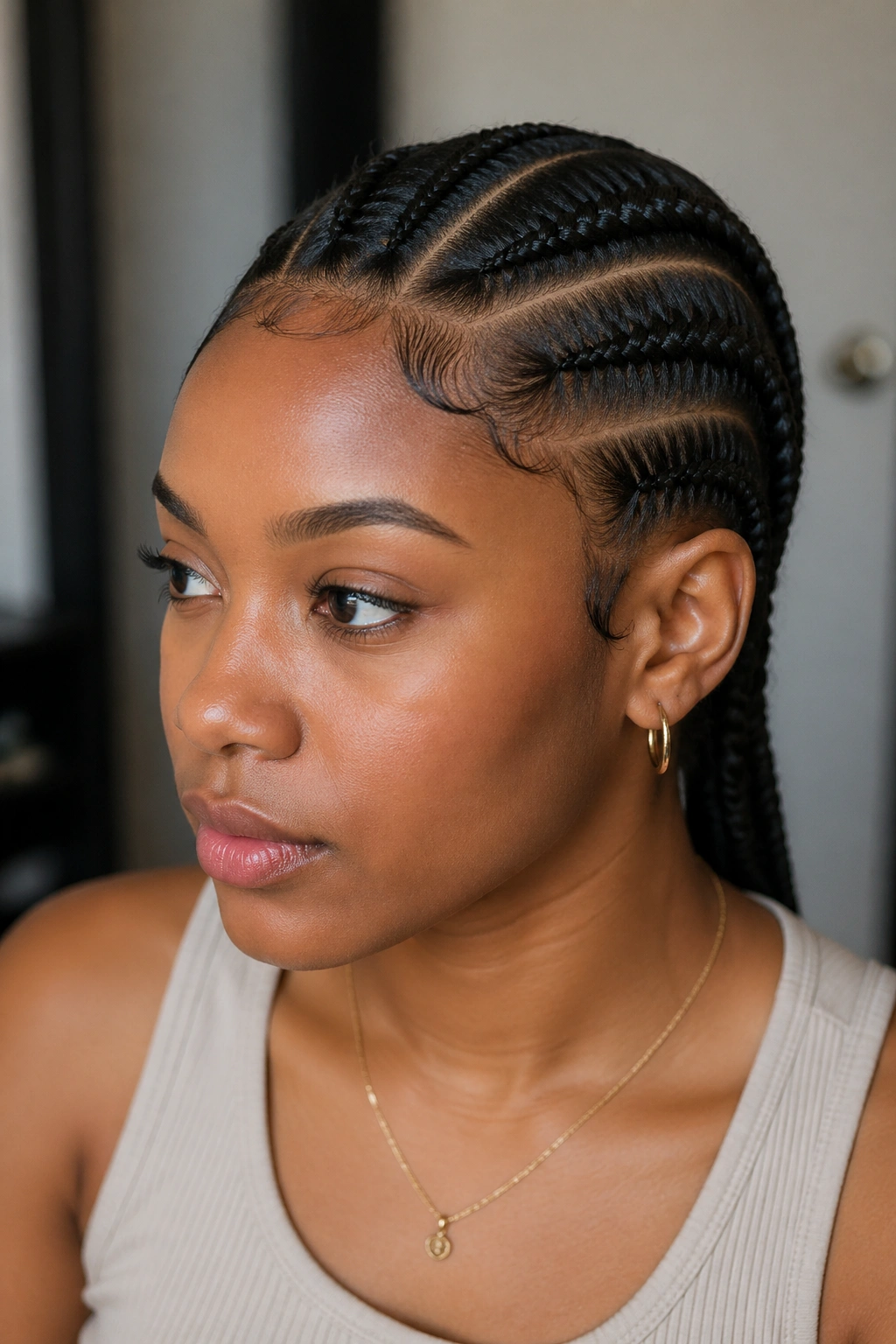Real person with neat, precise cornrows and defined parts