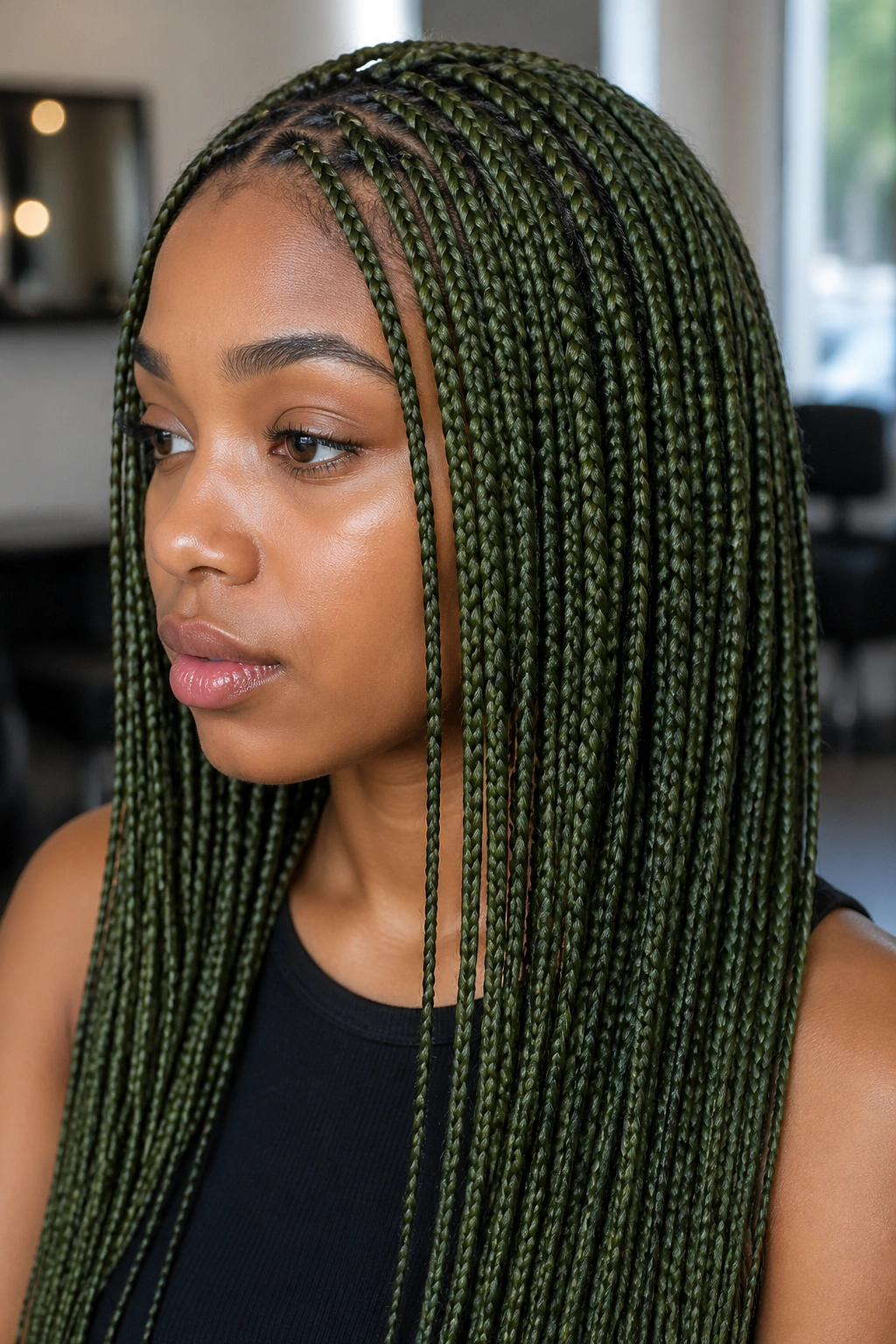Close-up portrait of a person with small, neat green box braids and even parts