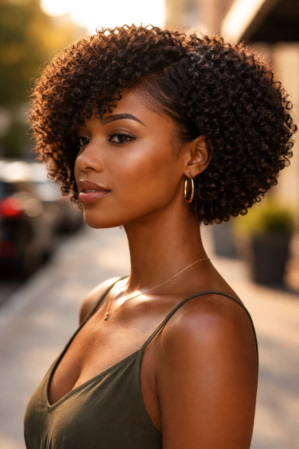 Portrait of a real woman with a neck-length bob at the nape