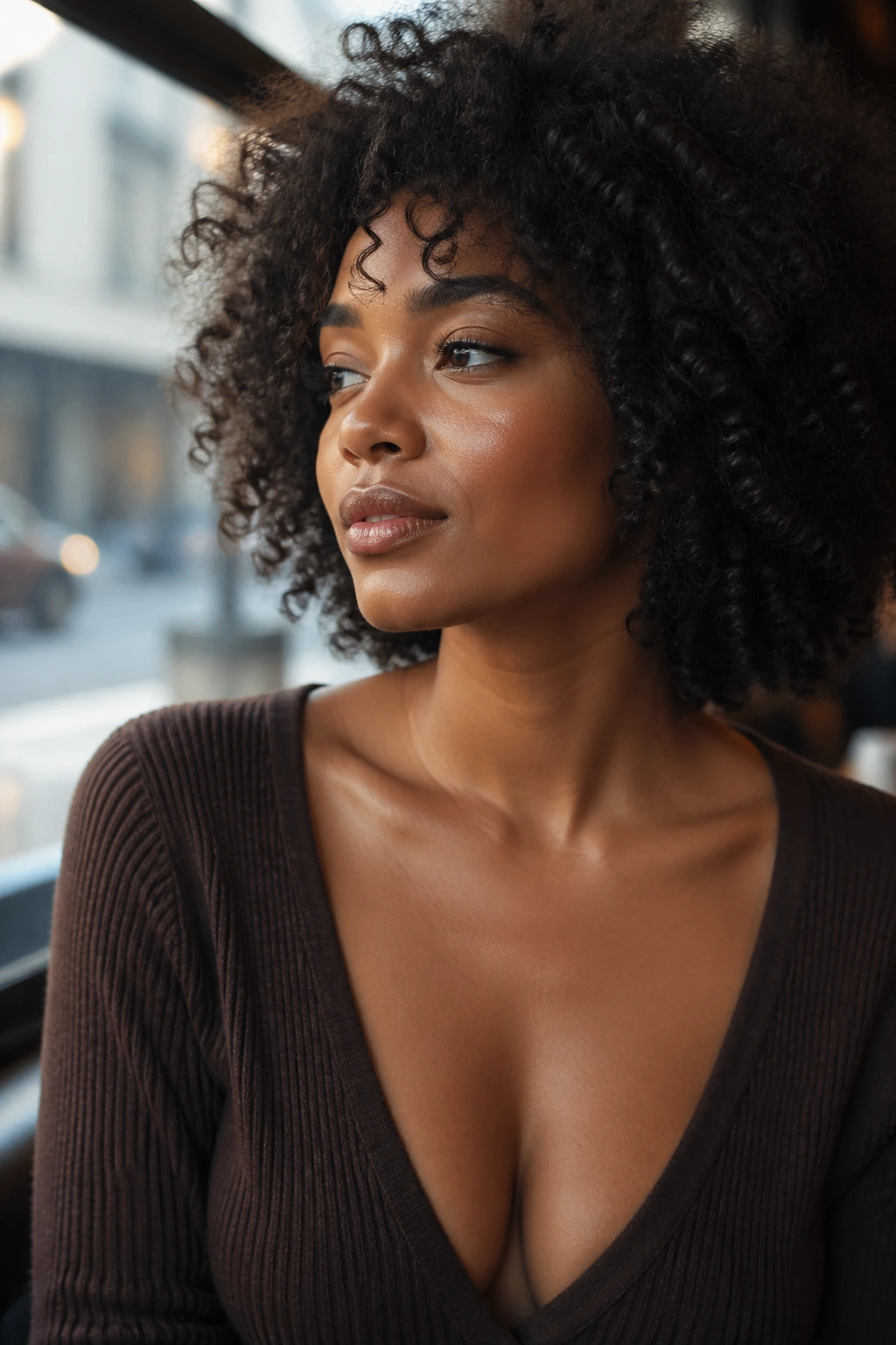 Close-up of a woman’s neck and hair framing a deep V-neck against soft cafe light