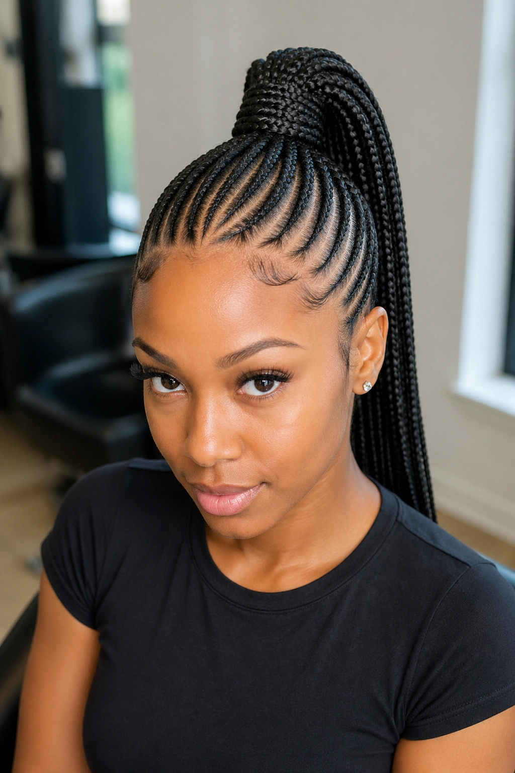 Close-up of a real person with a high ponytail made from needle cornrows