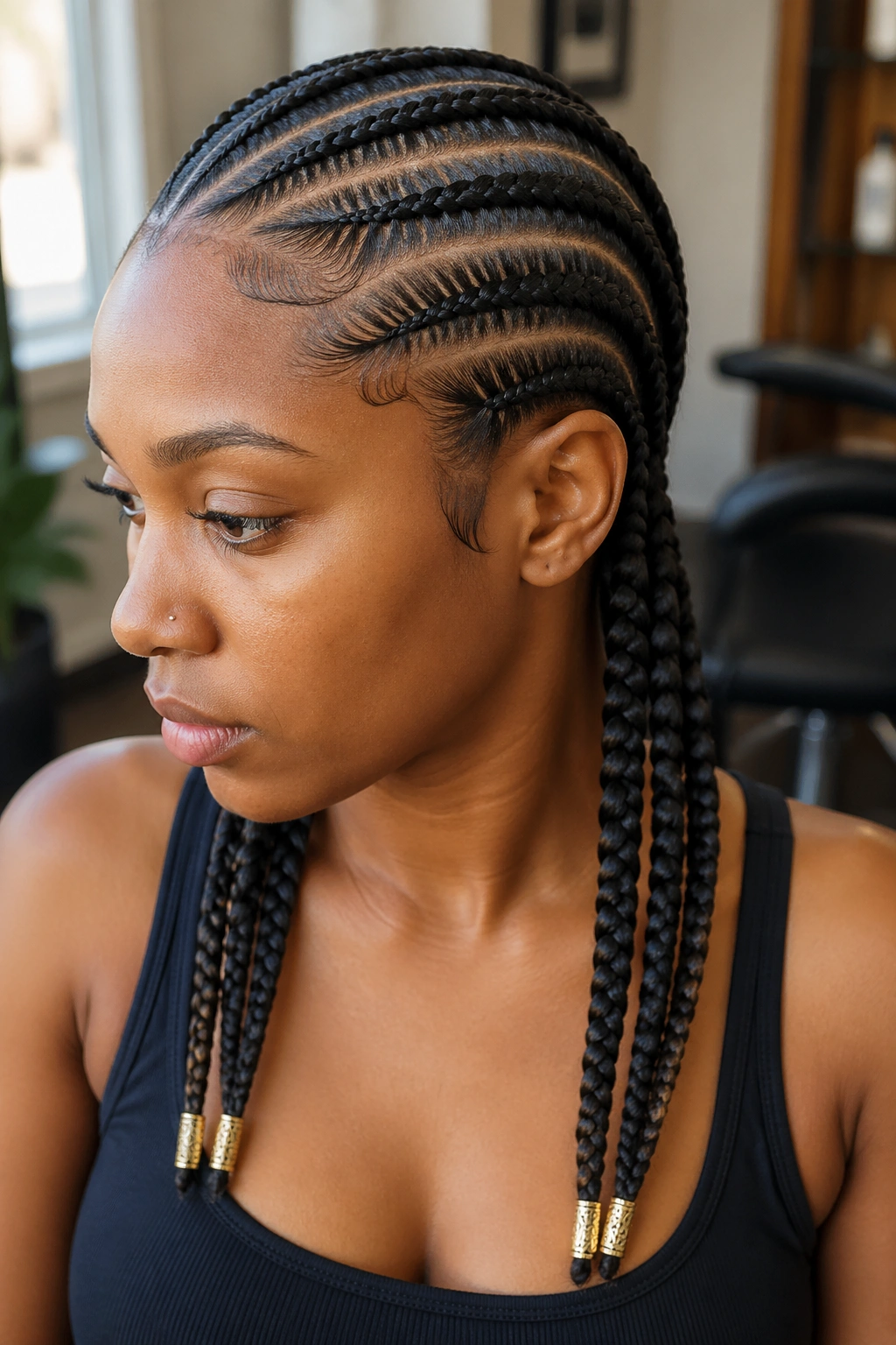 Close-up of needle-stitch cornrows ending in pre-cuffed ends on a real woman