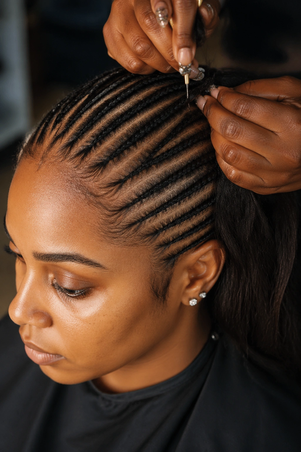 Real person getting needle cornrows in a long session showing many stitch lines