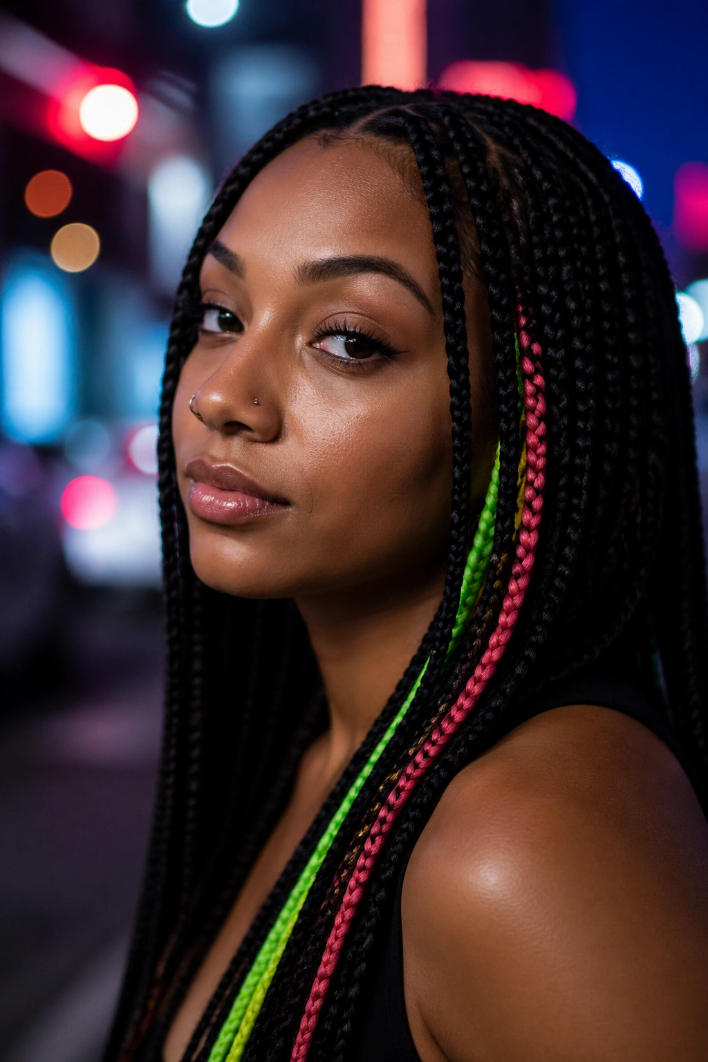 Close-up of a real person with neon accent braids on a dark base