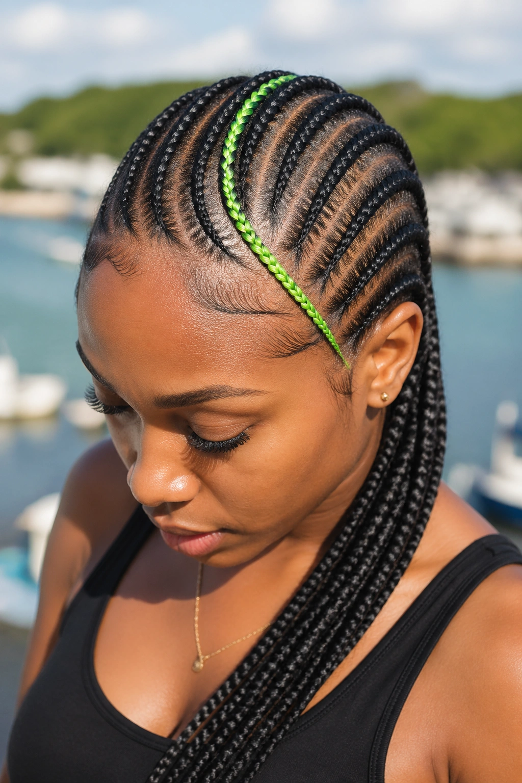 Close-up of a real woman with a single neon accent row in Ghana cornrows.