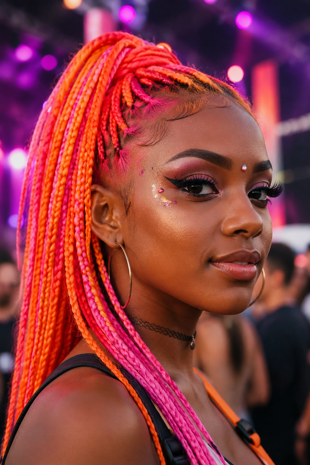 Real person with neon orange and pink box braids in a high ponytail at a festival