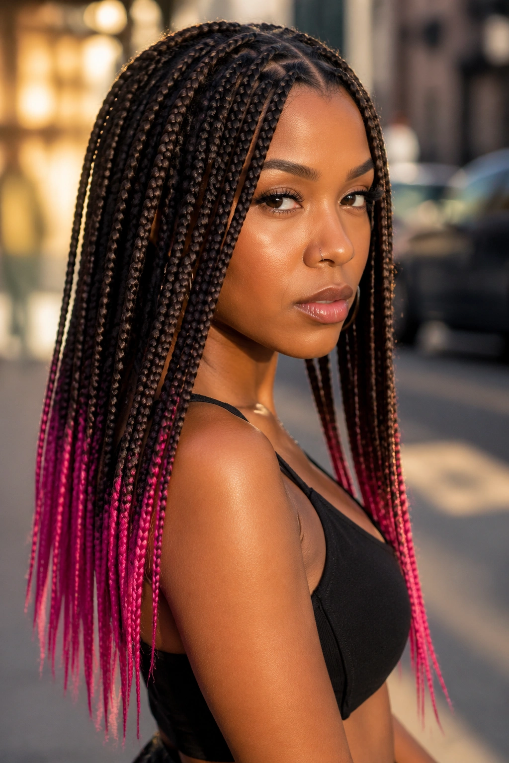 Close-up portrait of a real person with neon pink dip ends on brown box braids