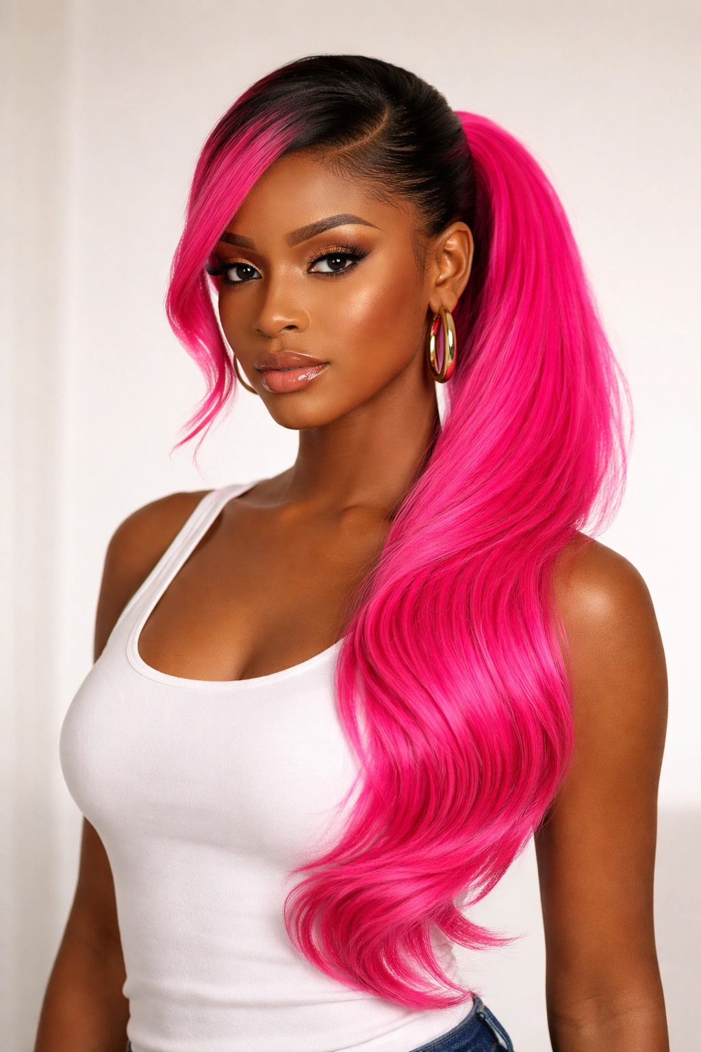 Side-swept neon pink ponytail draped over shoulder with vivid color