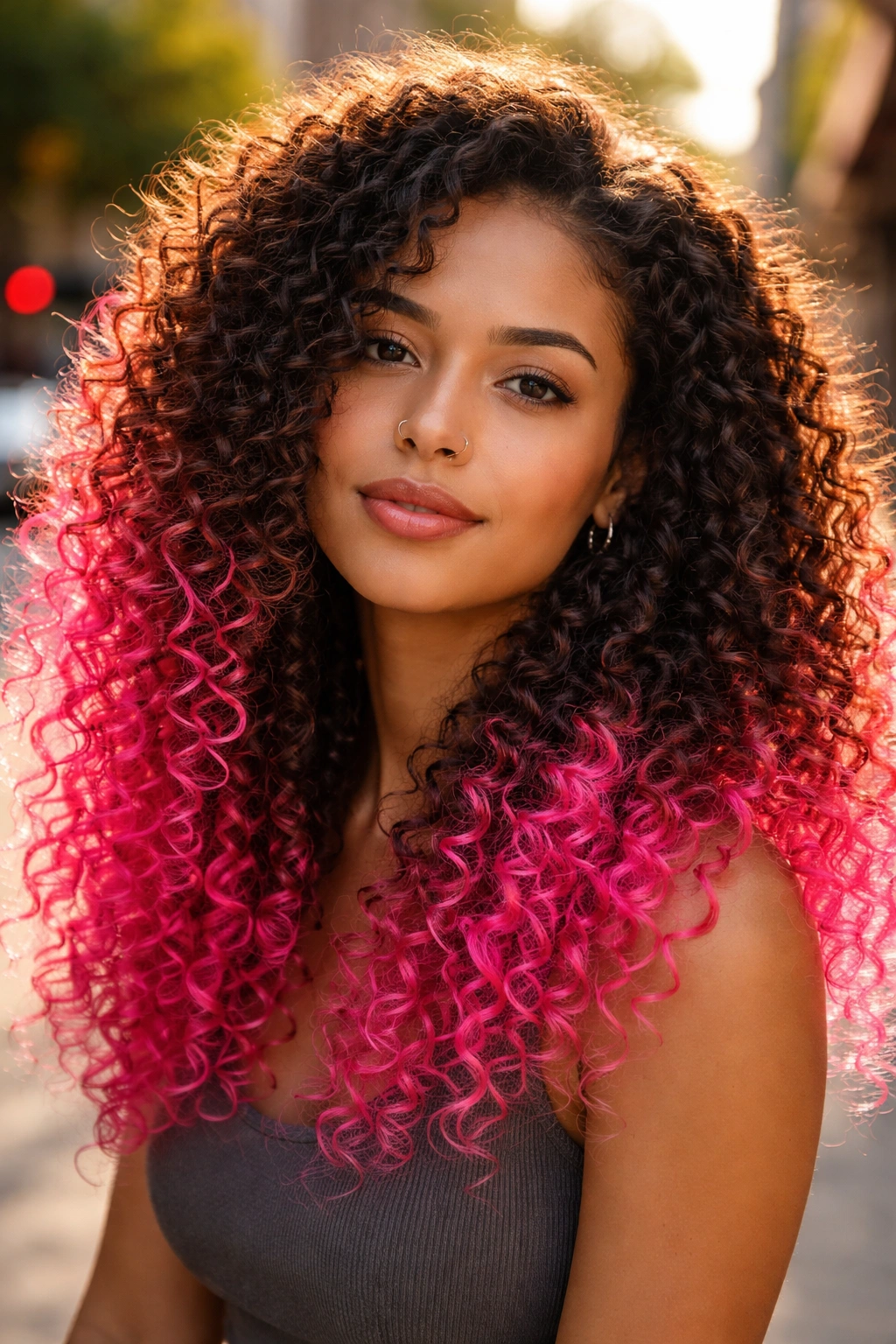 Close-up of real woman's curls with neon pink tips in sunlight