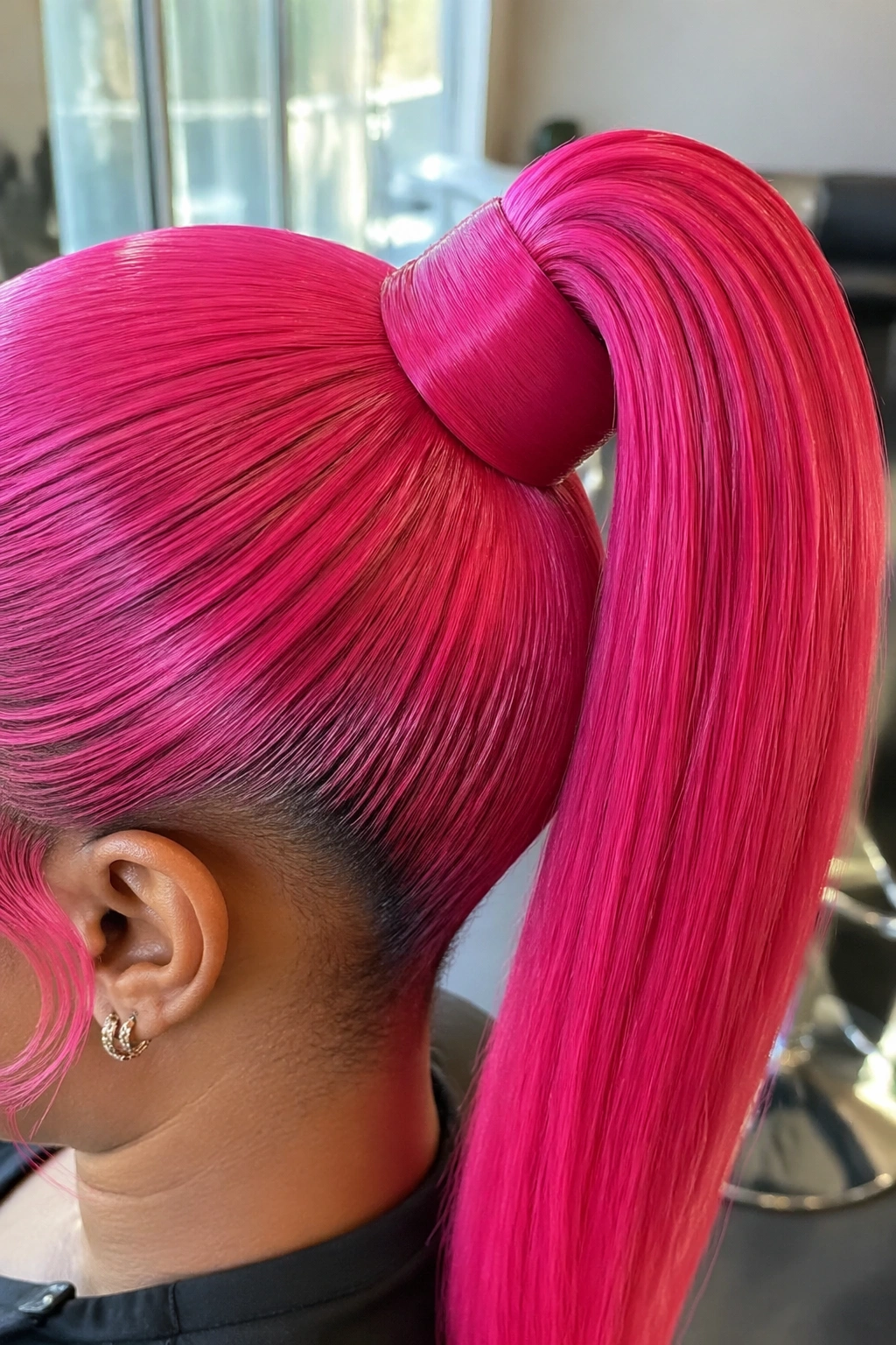 Macro close-up of neon pink weave ponytail with wrapped base in soft window light.