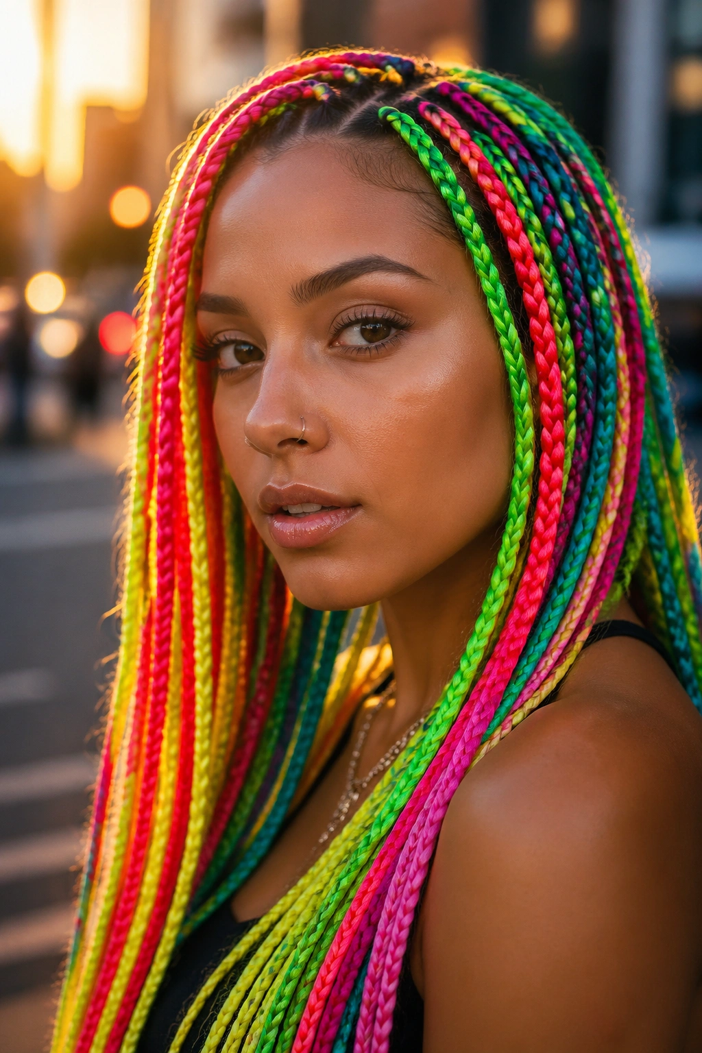 Close-up of a real person with neon rainbow box braids in bold neon colors against an urban backdrop